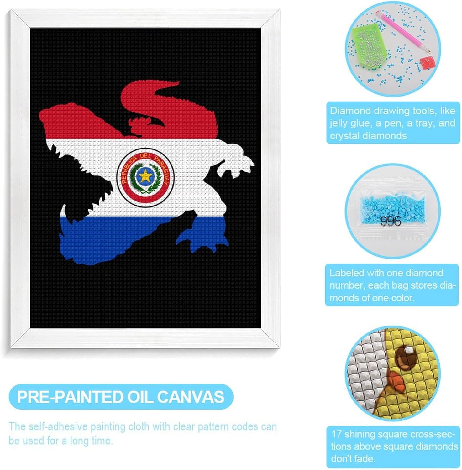 Paraguay Flag Crocodile Alligator Diamond 5D Painting Kits with Frame DIY Full Round Drill Gem Art Crafts for Home Wall Decor 16 X 20in White Wood 40 * 50cm