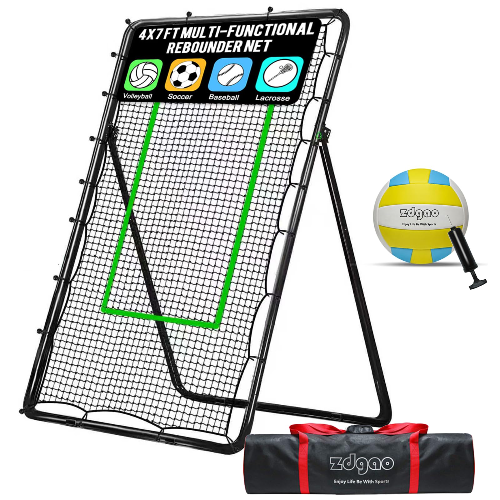 4x7ft Adjustable Volleyball Rebounder with Volleyball and Bag for Practice