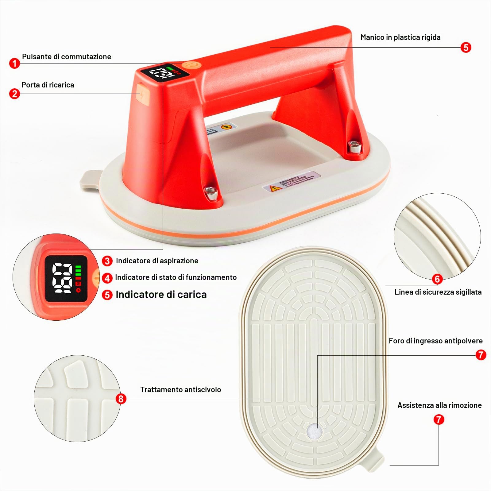 2 pezzi Ventosa Elettrica 160KG con Display LCD,Batteria Ricaricabile 1300mAh,Fino a 7 Ore di Autonomia, in Silicone,per Piastrelle, Vetro, Marmo-Sollevatore a Vuoto per Superfici Lisce