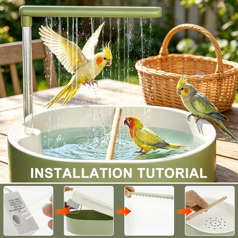Vogeldusche Wellensittich, 32x28cm Wellensittich Dusche, Vogel Dusche mit Regenwasserzirkulation, USB-Betrieben, Vogel Badewanne für Unzertrennliche, Wellensittiche, Afrikanische Munias und Aras