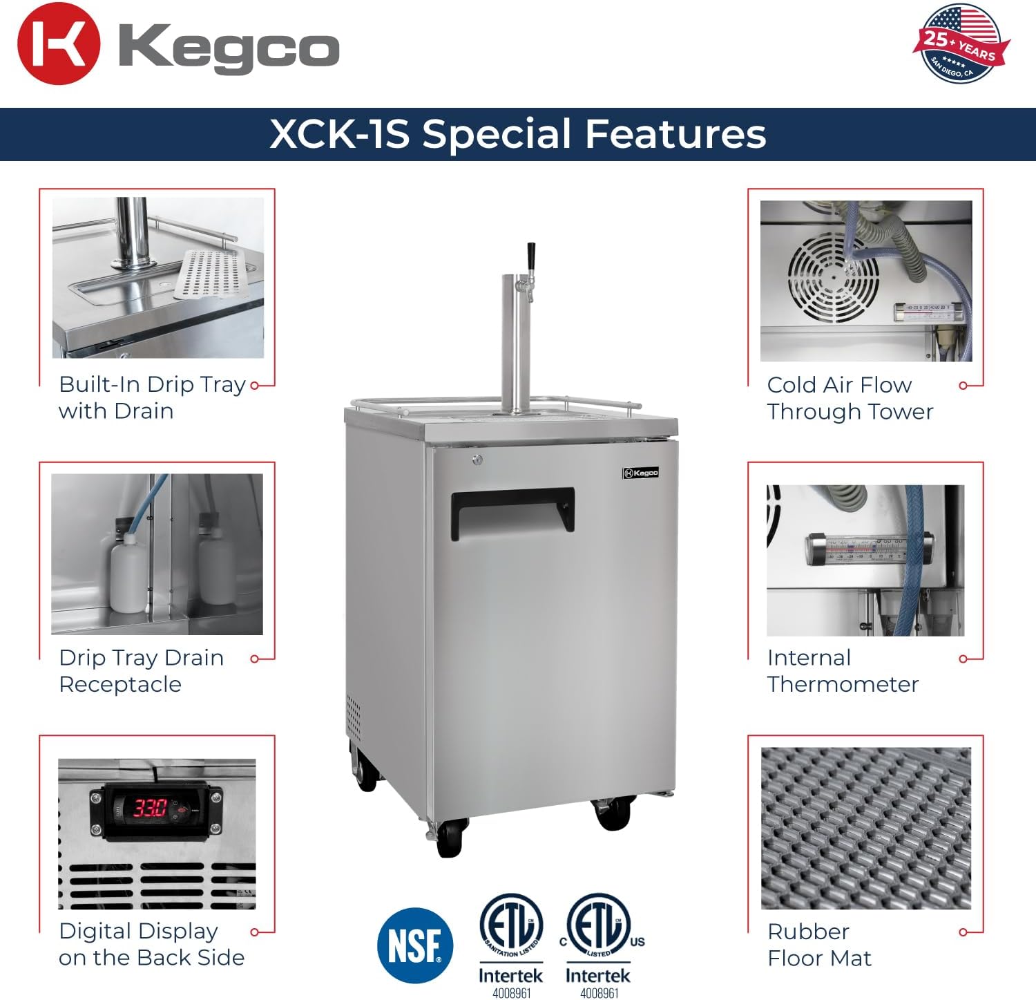 Kegco 3PXCK-1S Commercial Single-Tap Kegerator – 24″ Stainless Steel Draft Beer Dispenser, ETL/NSF Listed, 1 Full Size Keg Capacity