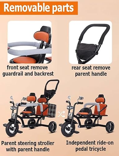 Miniatura 2 de Cochecito para niños pequeños con asientos dobles, triciclos tándem de crucero al aire libre con faro para 2 a 5 años, triciclo para niños con asa