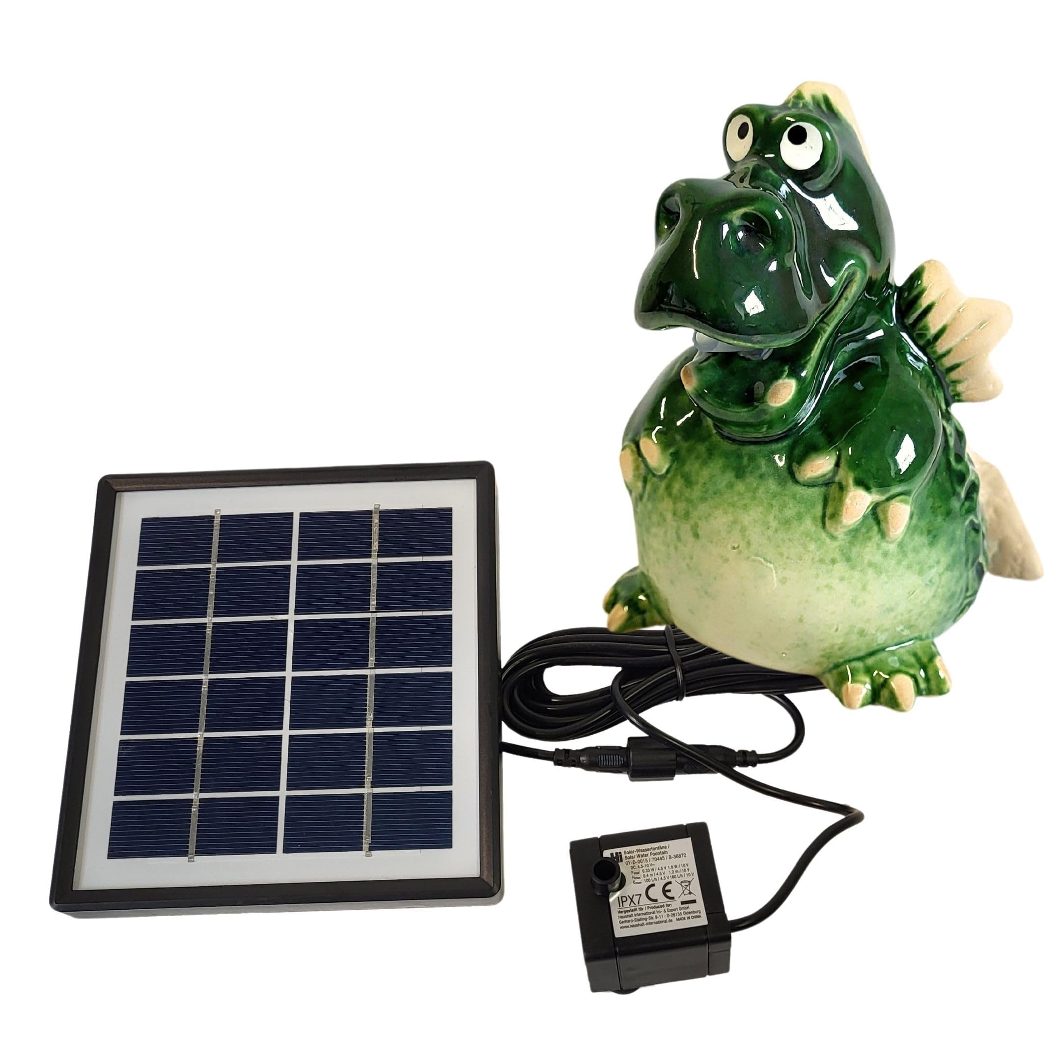 Storm's Gartenzaubereien Wasserspeier Drache mit Solarpumpe - Gartendeko für Miniteich -Teich - Wetterfest lasiert - Einfache Montage - Tierfigur Gartenteich - Teichskulptur