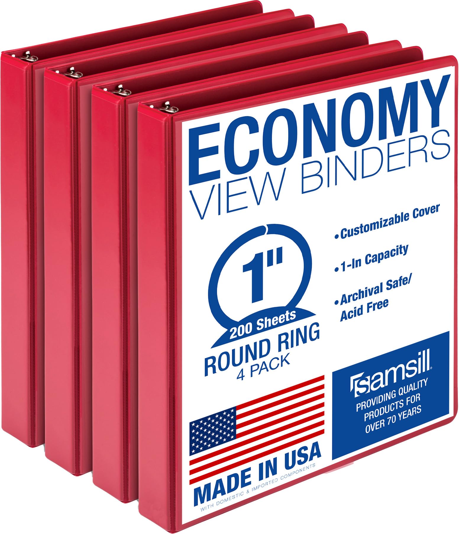 Samsill 1 Inch 3 Ring Binders, Made in USA, Economy Round Ring, Clear View Cover, 200 Sheet Capacity - for School, Home, Office - Red, 4 Pack
