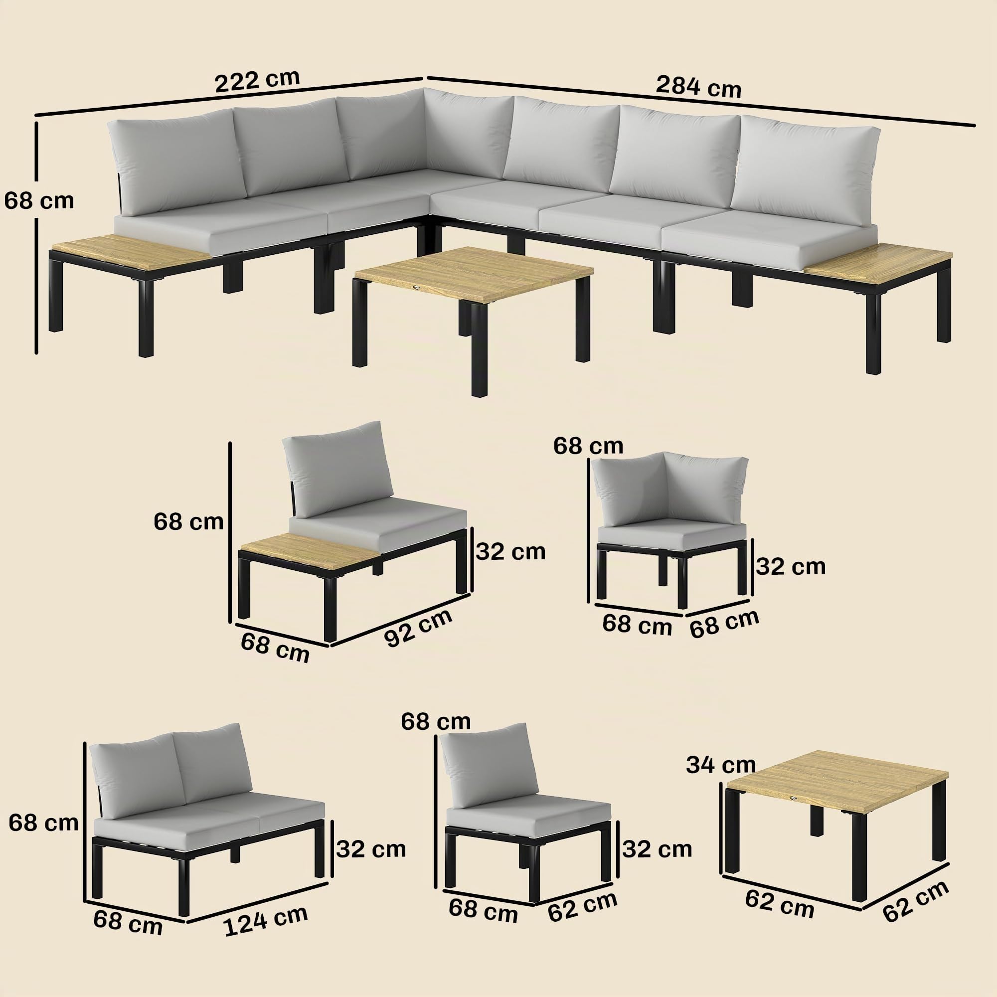 Outsunny Salon de Jardin Modulaire 6 Pièces Design Gris Anthracite | Mobilier de Jardin, Table Basse, Plateaux Latéraux, Ensemble Canapé Extérieur, Transformable en Lit, Terrasse Patio