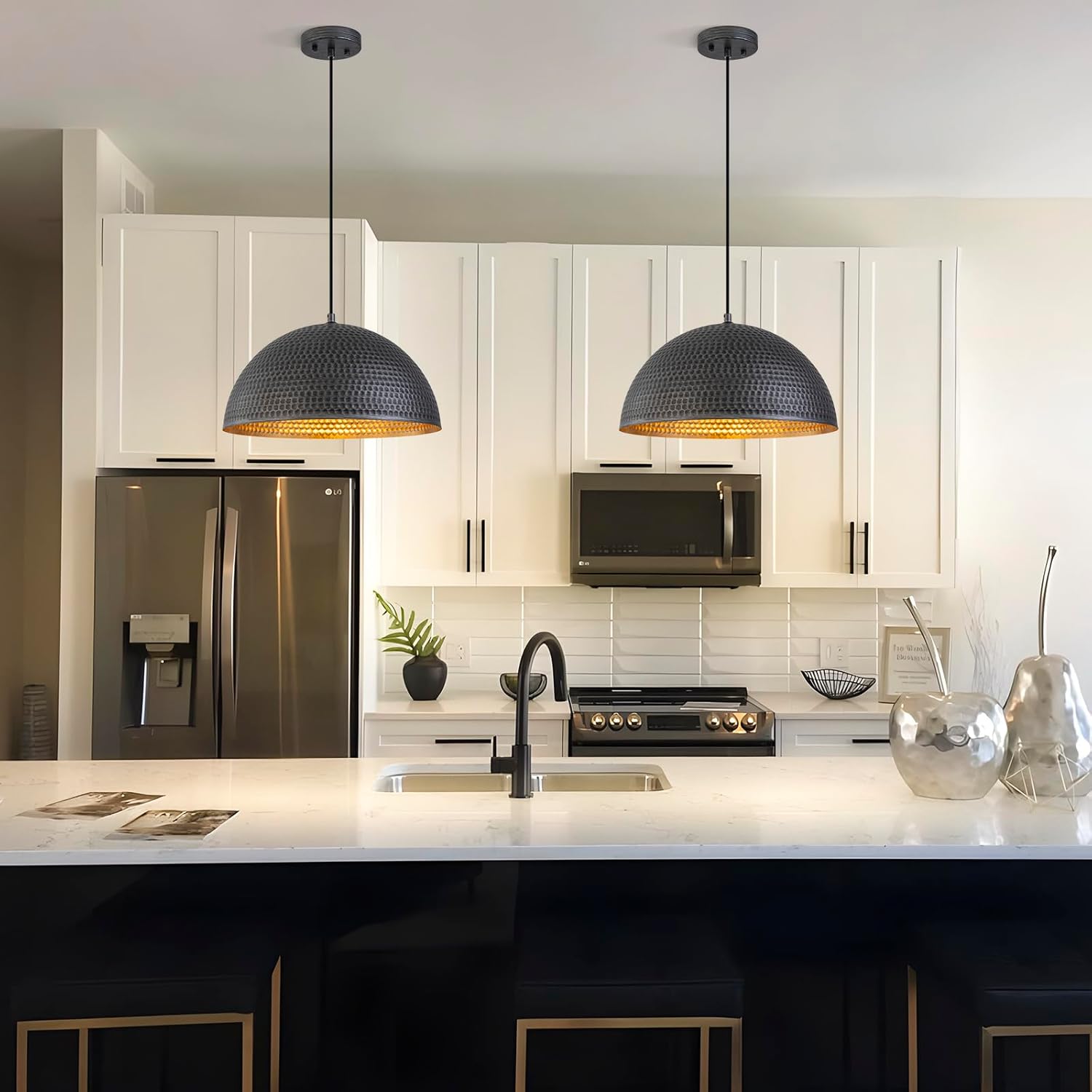 15.7" Farmhouse Pendant Lights Kitchen Island,Black and Silver Hammered Large Industrial Chandelier,Adjustable Metal Dome Pendant Lights for Dining Room,Bedroom,Hallway