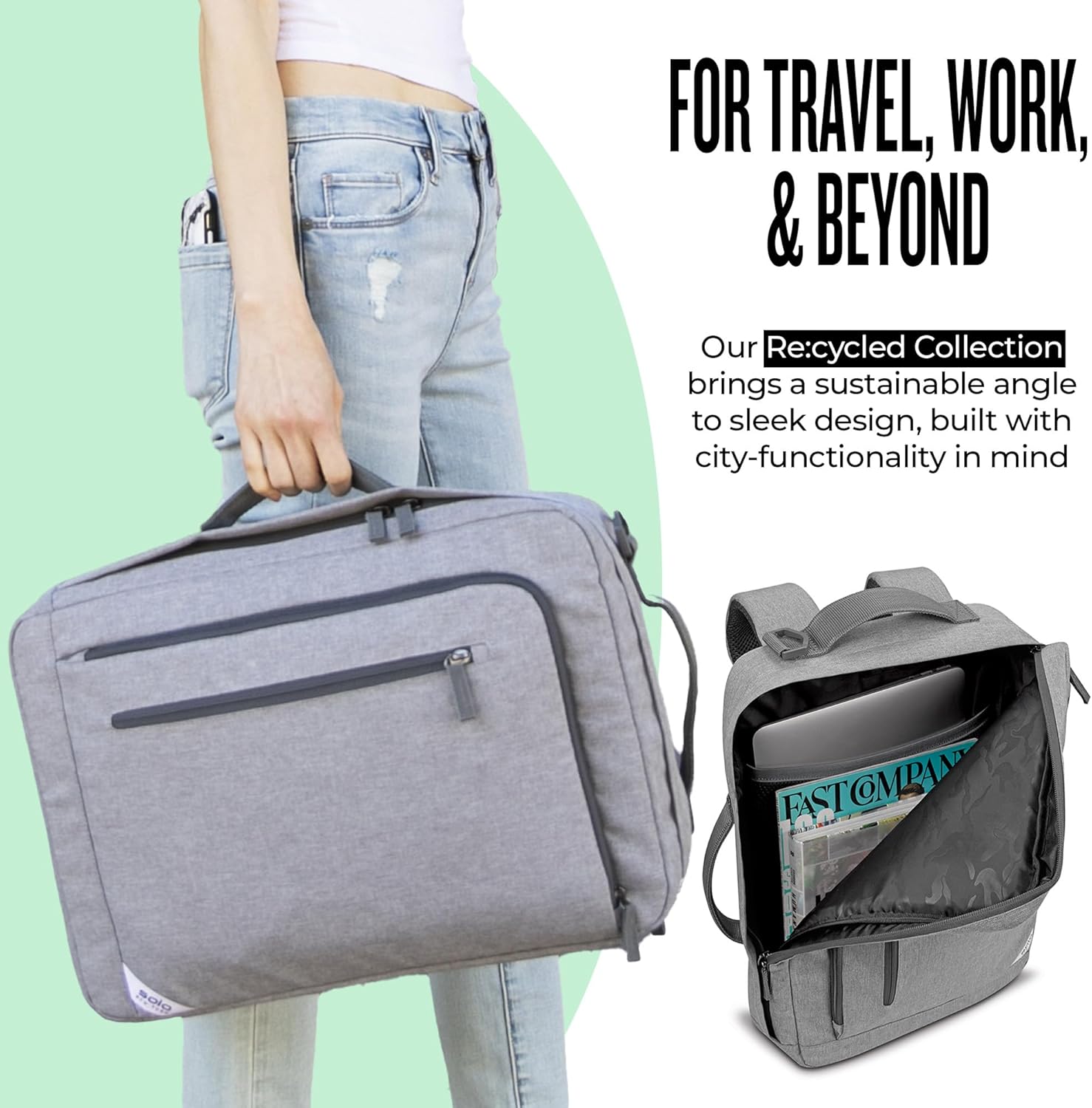 Solo New York Backpack Briefcase - Laptop Carrying Bag for Women & Men, Fits 15.6" Computer, Brief for Travel & Work, Front Zippered Pocket, Adjustable Shoulder Strap - Re:Utilize, Gray - Image 4