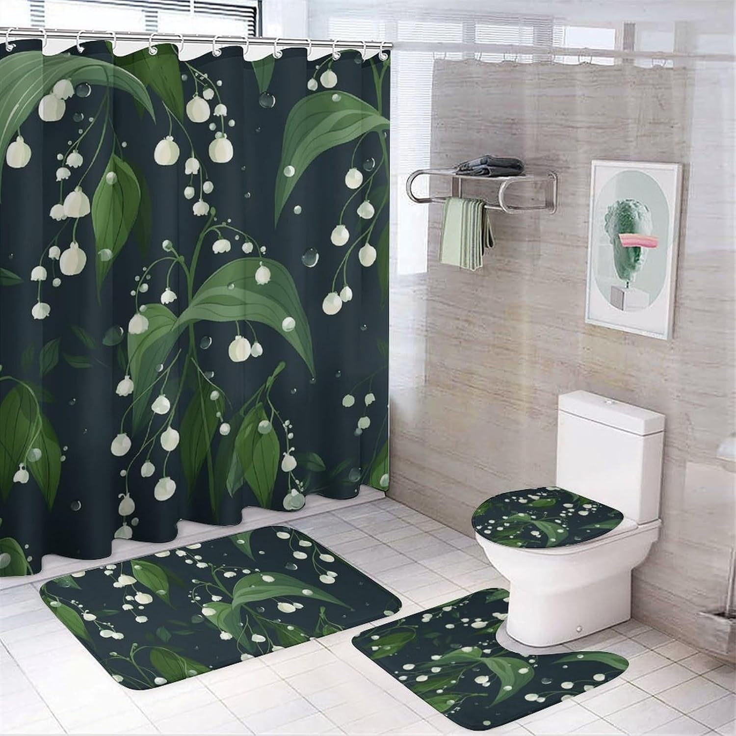 Dark White Light Green Shower Curtain Set 4 Piece, Non-Slip Bath Mat with Toilet Lid Cover and Waterproof Shower Curtain with 12 Hooks, Complete Bathroom Set for Home Decor