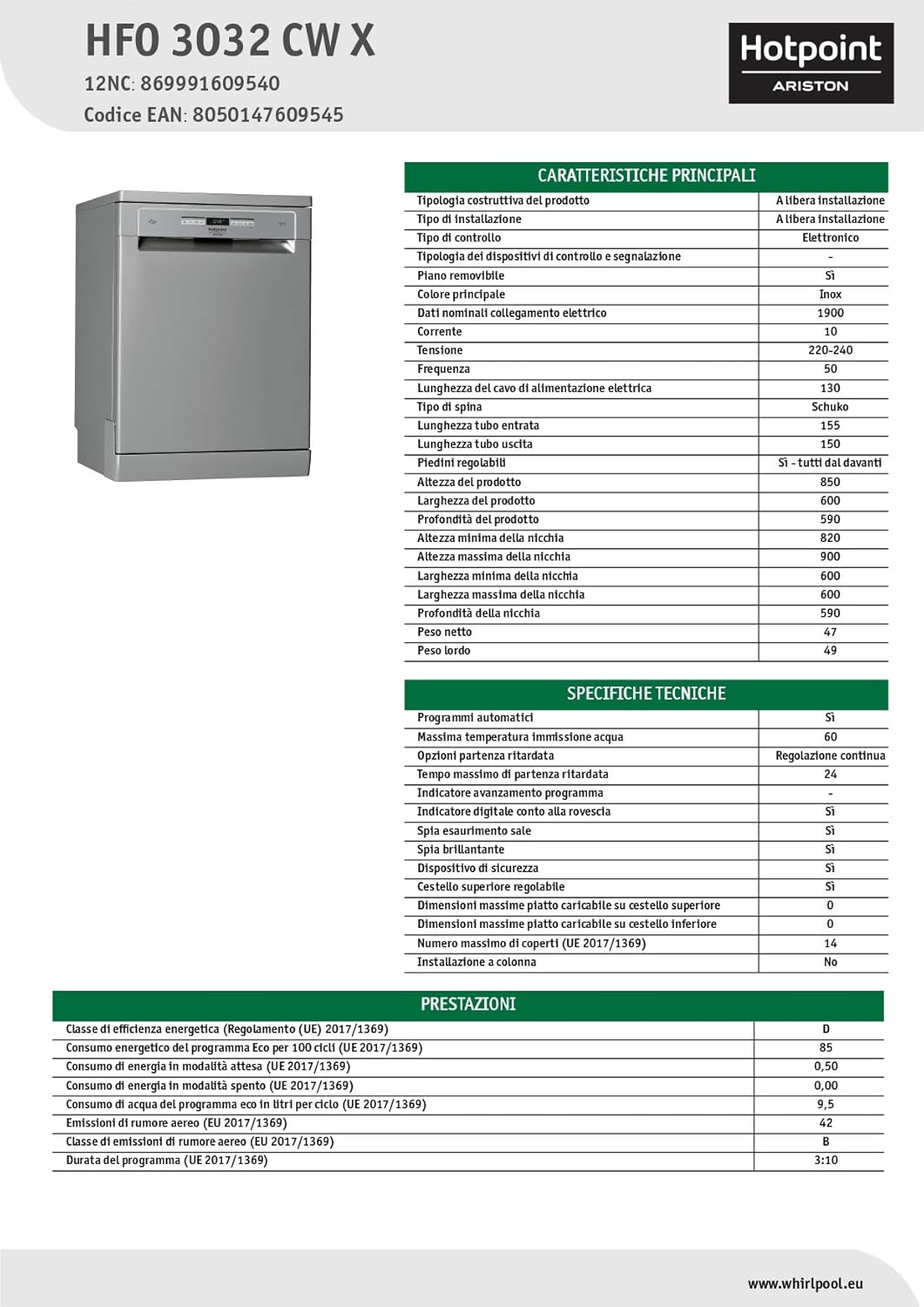 Hotpoint HFO 3O32 CW X Lavastoviglie 60cm a libera installazione, D [Classe di efficienza energetica D]