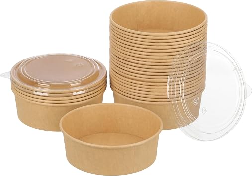 100 Pack 38 oz Disposable Bowls with Lids, Kraft Paper Salad Bowls with Lids, Paper Soup Bowls Food Container for Cold/Hot Food or Takeout
