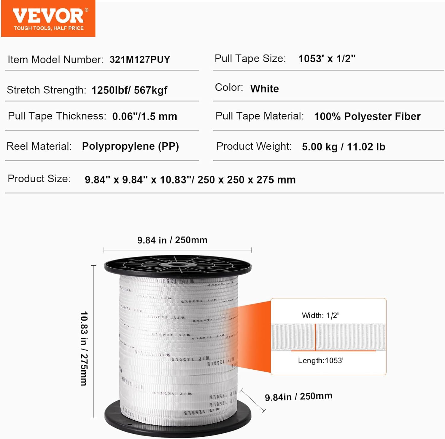 VEVOR Polyester Pull Tape, 1/2" x 1053' Mule Tape Flat Rope, 1250 lbf Tensile Capacity, Printed Webbing Cable Pulling Tape for Packaging, Gardening, Commercial Electrical, Conduit Work, White