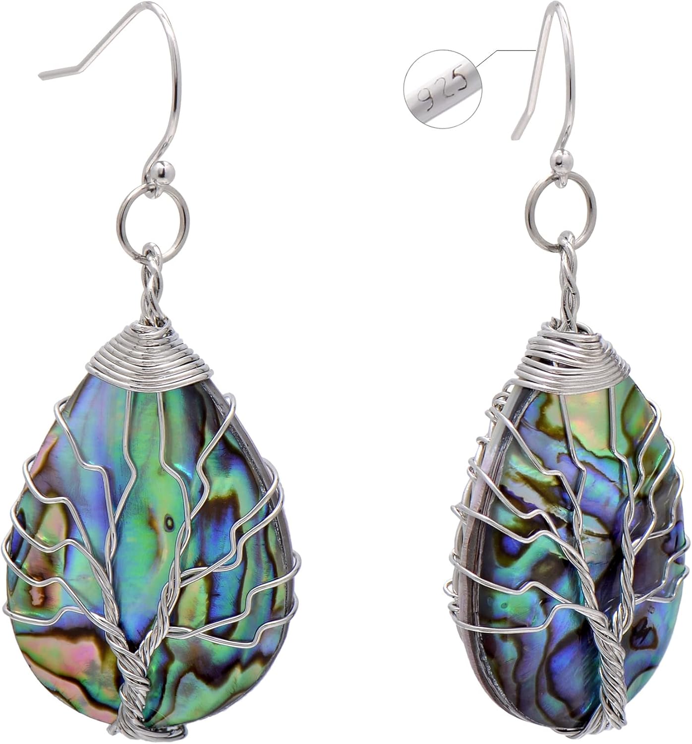Sterling Silver Earrings Hooks Teardrop Abalone Shell Wrapped Tree of Life Earrings for Women, White Gold Tone