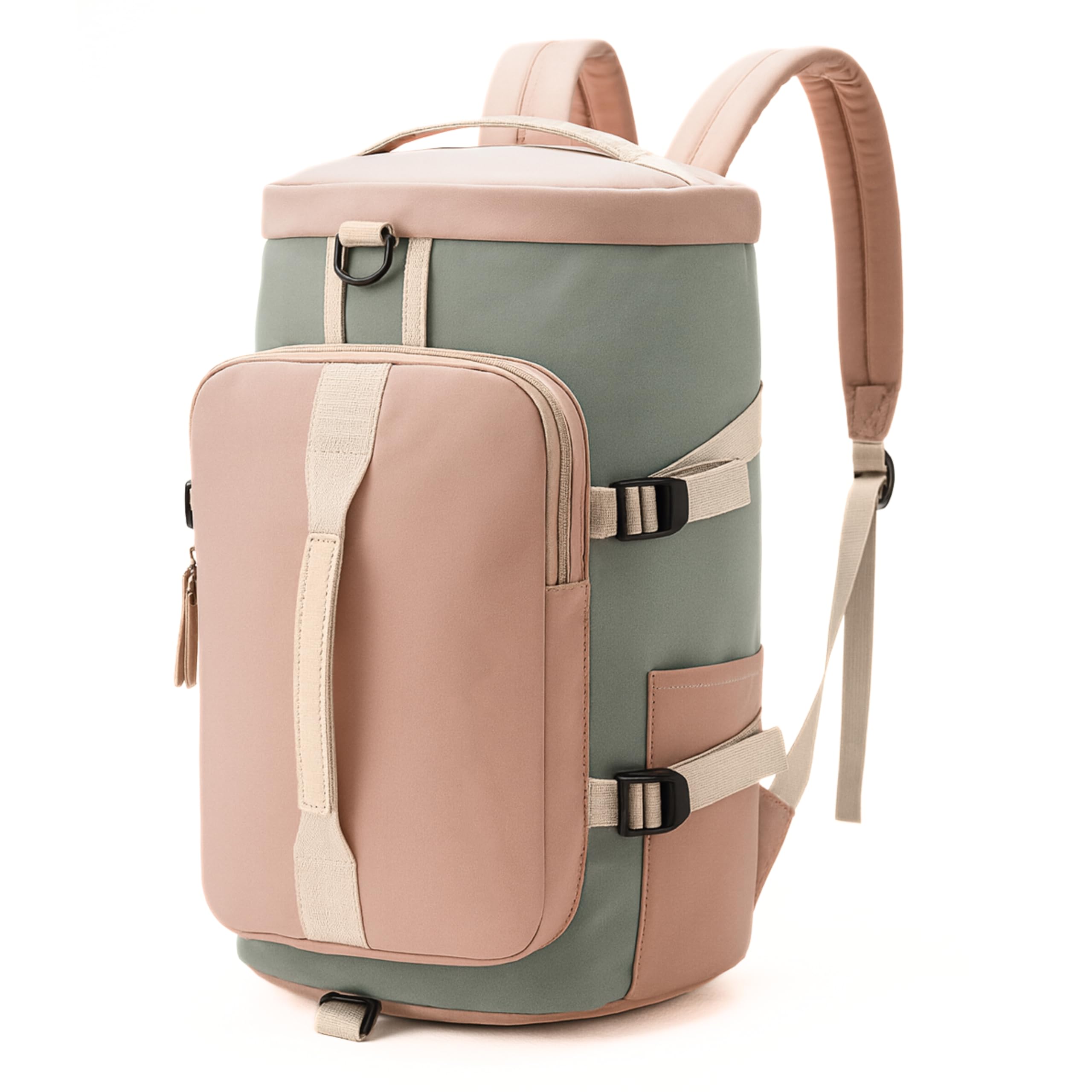 2in1 Nylon 26cm Lightweight Waterproof Bucket Duffle Bag with Shoulder Straps, Small Rucksack Travel Bag for Men & Women with Wet Pocket & Shoe Compartment(45x26x26 cm) (30L Bucket,Pink/Grey)