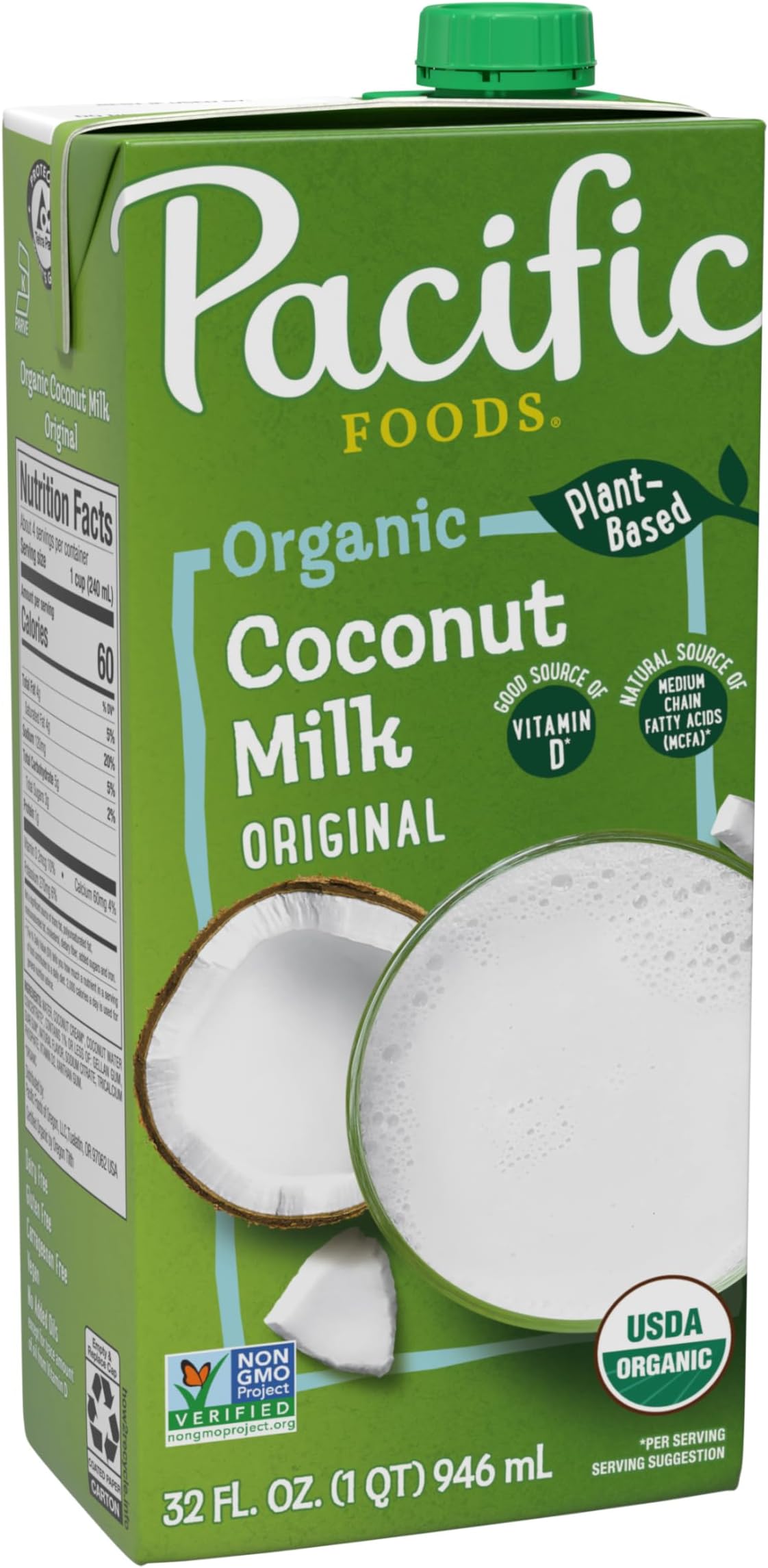 Pacific Foods Original Organic Coconut Milk, Plant Based Milk, 32 oz Carton