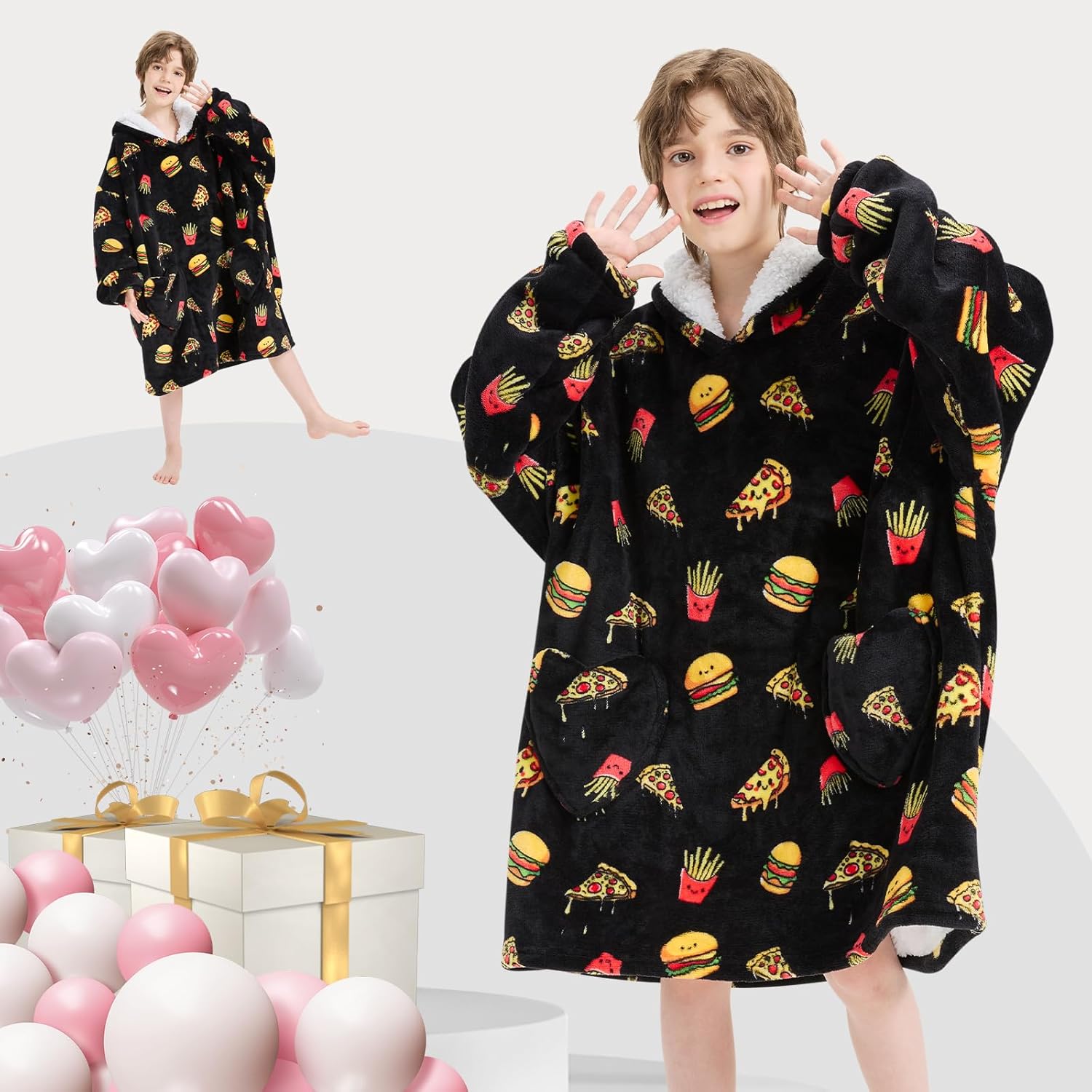 Wearable Blanket Hoodie for Kids Oversized Sherpa Blanket Hoodie for Kids Boys Girls Teens 6-13YR,Hamburger Pizza - Image 3