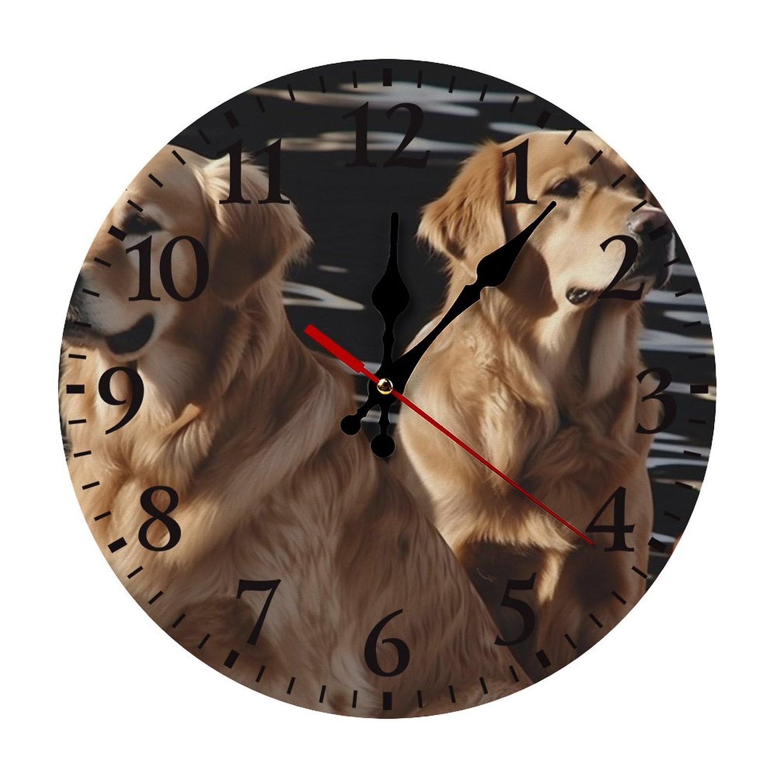 QMNLKH Golden Retrievers Wall Clock for Home, Battery Operated Clock for Hotel, Round Wall Clock with Arabic Numerals Black, Easy to Read, Non-Ticking Clocks for Living Room 25 * 25cm