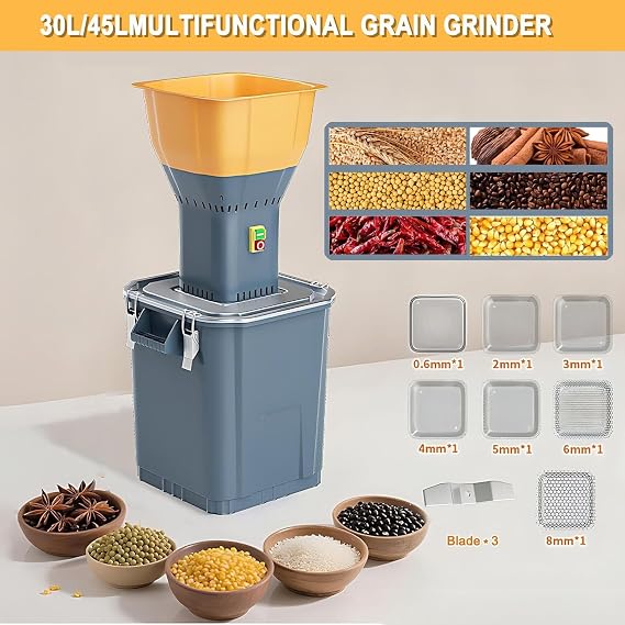Electric Grain Feed Grinder 30L/45L, 1300W Flour Mill with 7 Sieves, Stainless Steel Blades, Easy for Corn Wheat Rice Coffee (45L)