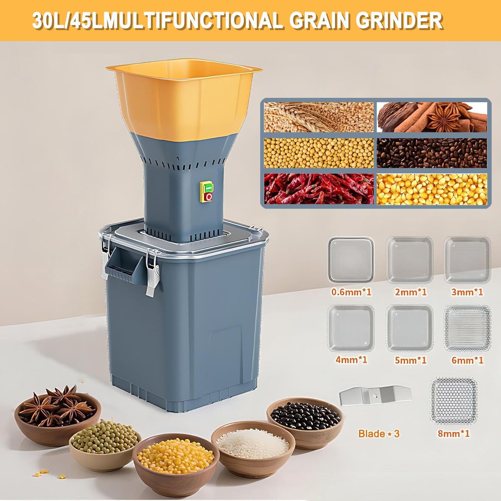 Macinatore 30L/45L per Mais, Grano, Riso e Miglio, 7 Setacci, Lame Acciaio 304, Alta Potenza(45L)