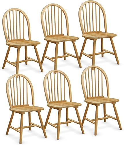 POWERSTONE Juego de 6 sillas de comedor, sillas Windsor de madera con respaldo de husillo, silla de comedor de granja, silla de cocina, color roble