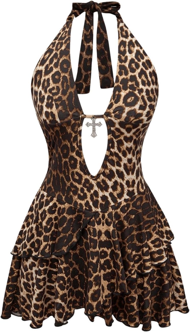 SMALL SOLY HUX Womens Leopard Print Halter Dress Y2k Gothic Deep V Neck Layered Ruffle Mini Dresses Small Brown Leopard