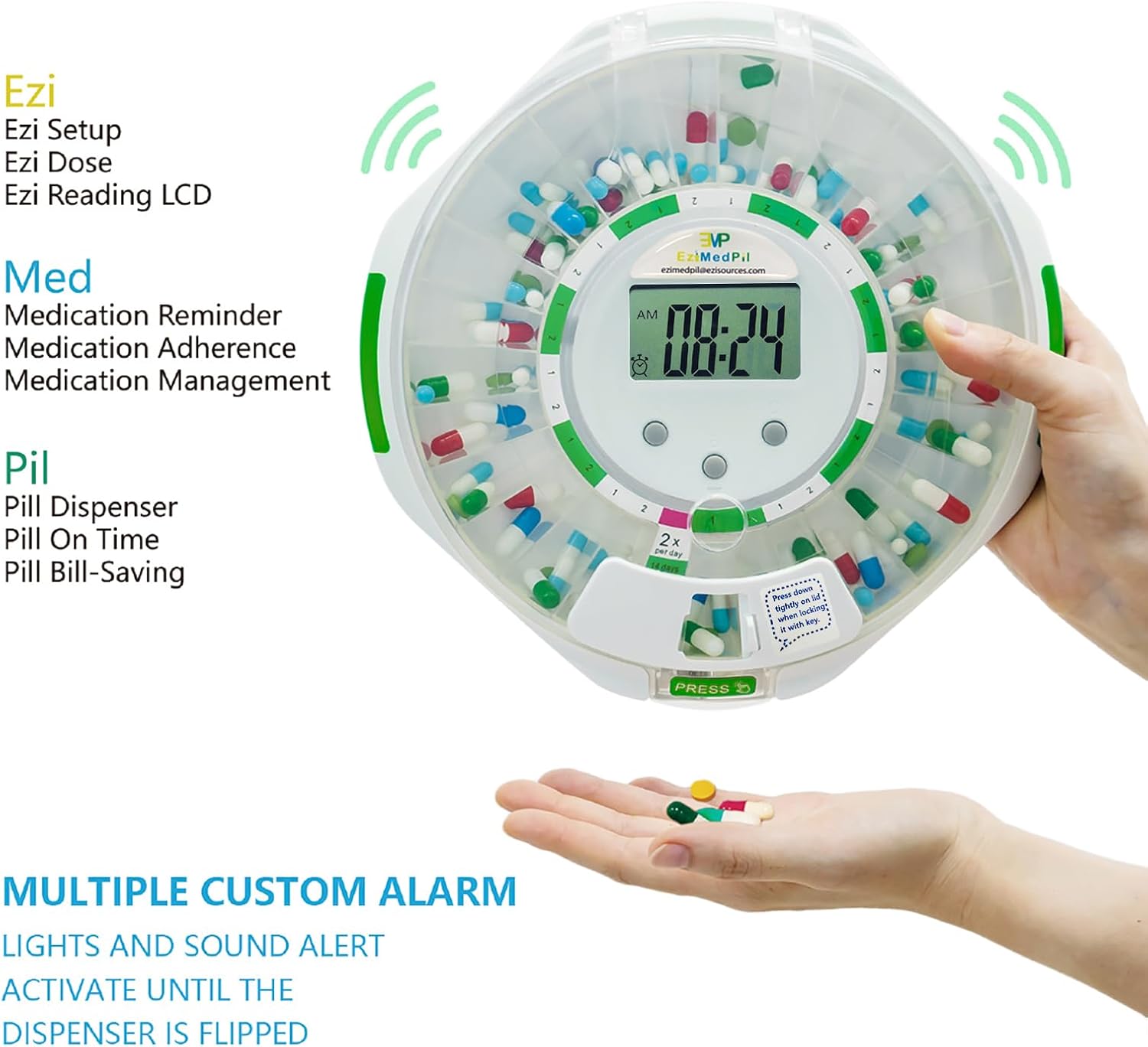 EziMedPil Automatic Pill Dispenser dispensing pills into hand