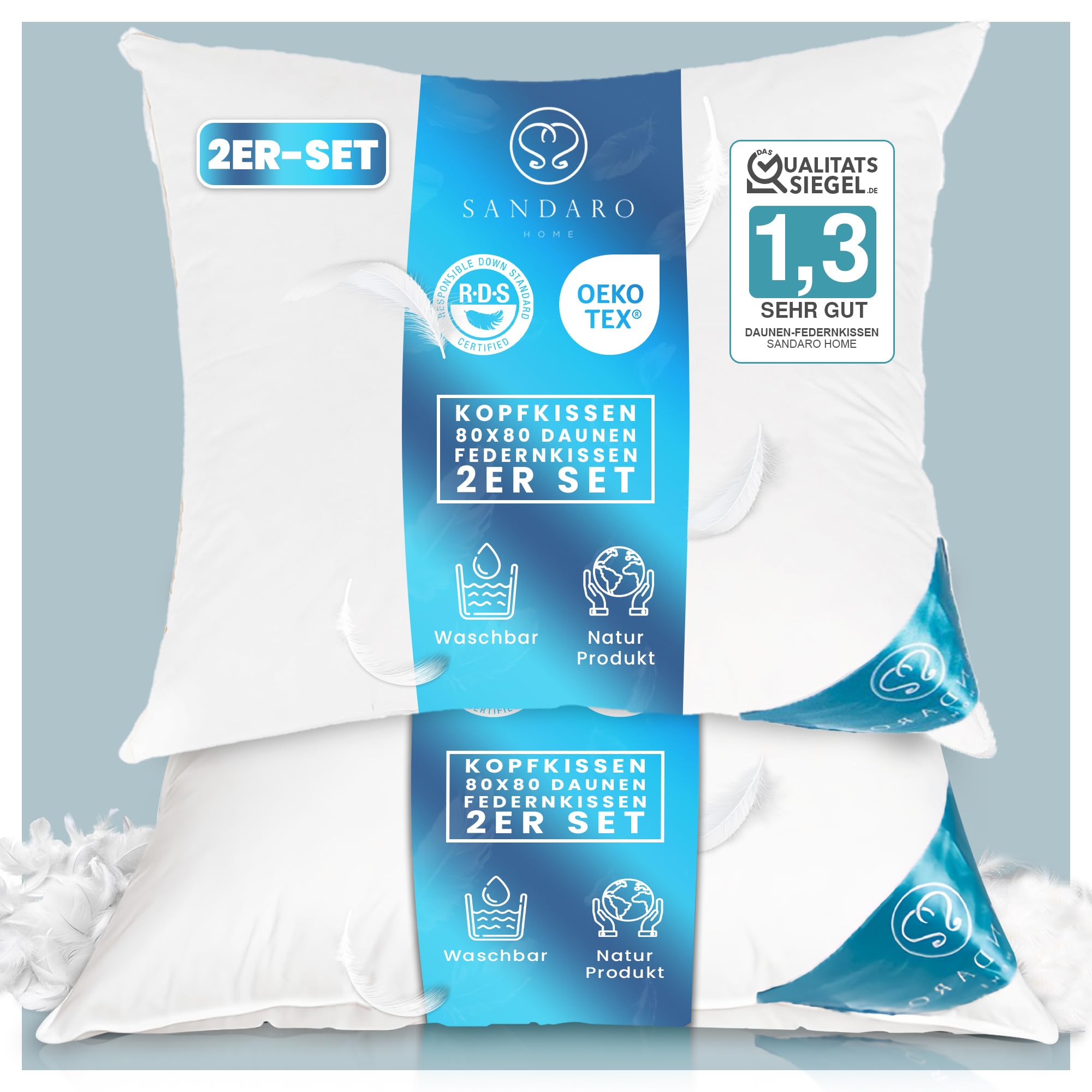 Kopfkissen 80x80 Federn Und Daunen 2er-Set – Allergiker Freundlich, Oeko-Tex Zertifiziert – Atmungsaktiver Bezug Aus 100% Baumwolle – Langlebiges, Stützendes Bettkissen Für Erholsamen Schlaf