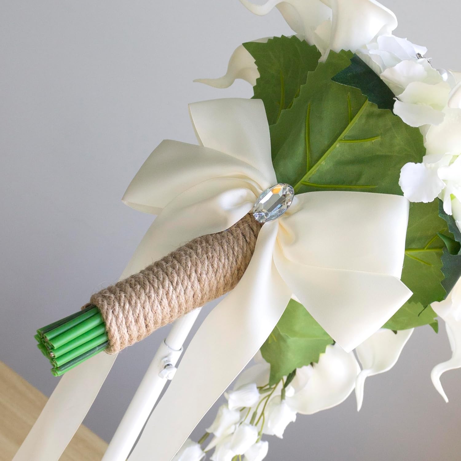 Abbie Home White Calla Lily and Rose Cascading Bride Bouquet Waterfall Wedding Flower - Lily Rhinestone Jewelry Brooches and Satin Ribbon Décor (White)