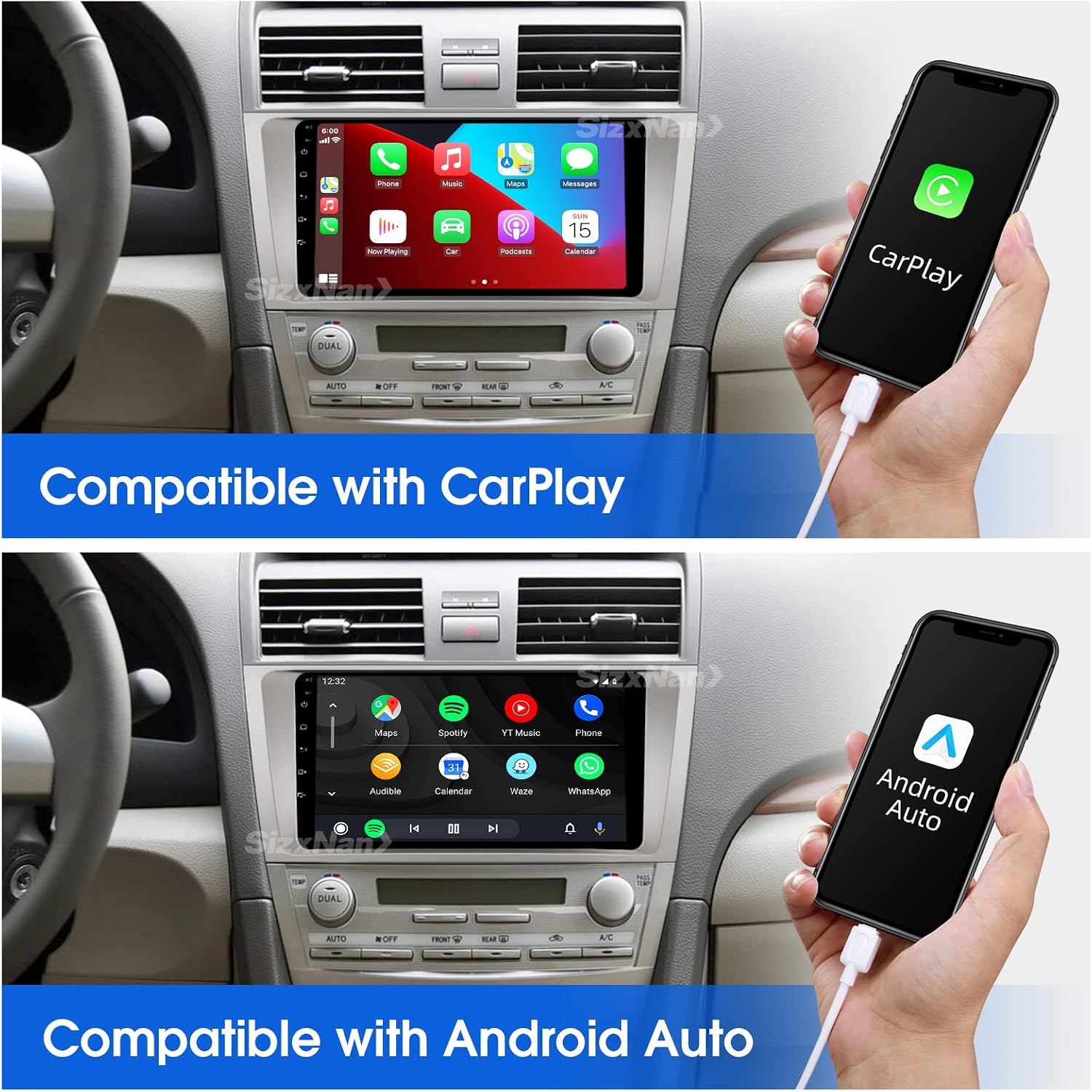 sizxnanv for camry android 10 touch screen compatible with carplay android autocar radio stereo bluetooth navigation media player gps wifi fmam rear