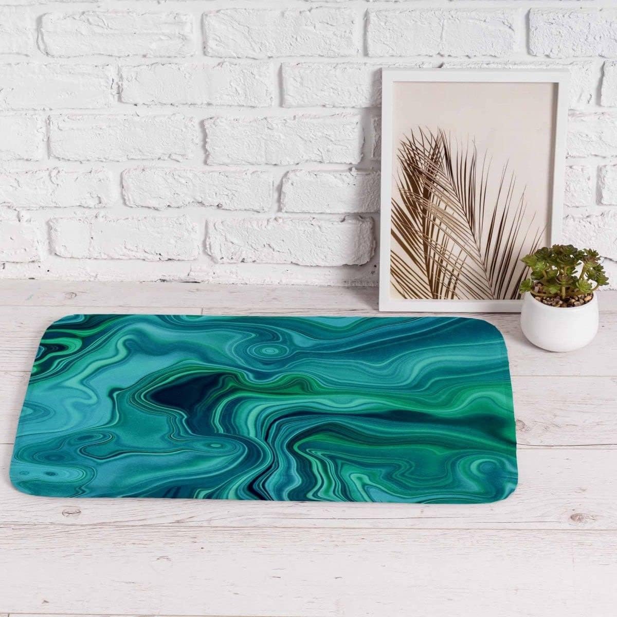 Diatom mud Floor Rugs, Abstract Wavy Lines Bath Rugs Turquoise Bath Mats Blue Green