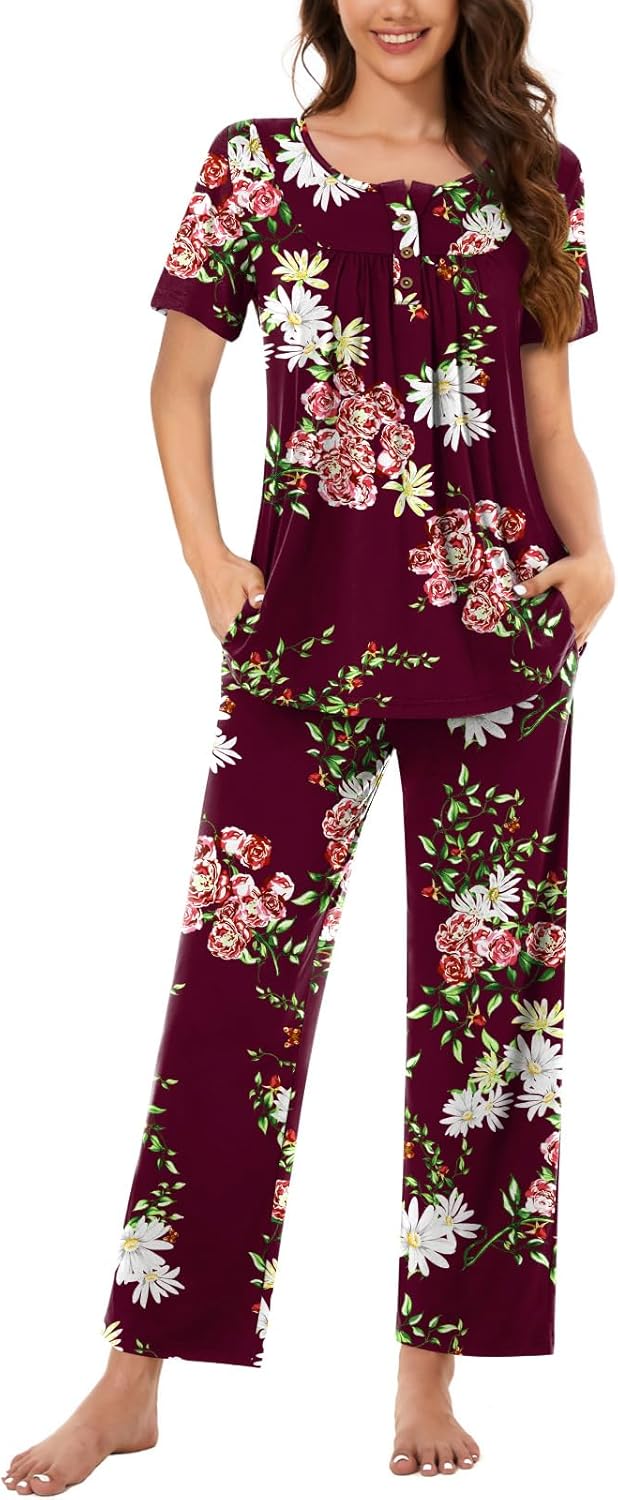 Bestbee Women's Pajama Sets 2 Piece Summer Sleepwear Lounge Outfits Short Sleeve Long Pants With Pockets Ladies Pjs