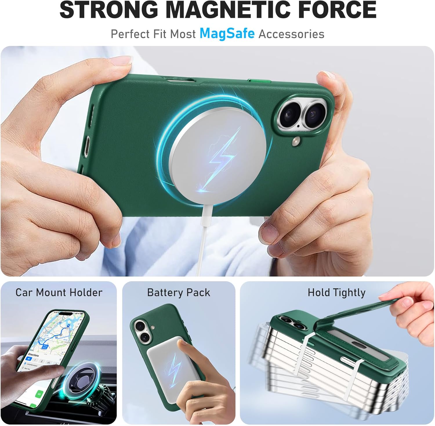 TUCCH Magnetic Case for iPhone 16 Plus (6.7") with Detachable Wallet [5 Card Slots] Adjustable Stand [RFID Blocking] [Wireless Charging], Protective Anti-Slip Slim PU Leather Phone Cover, Forest Green