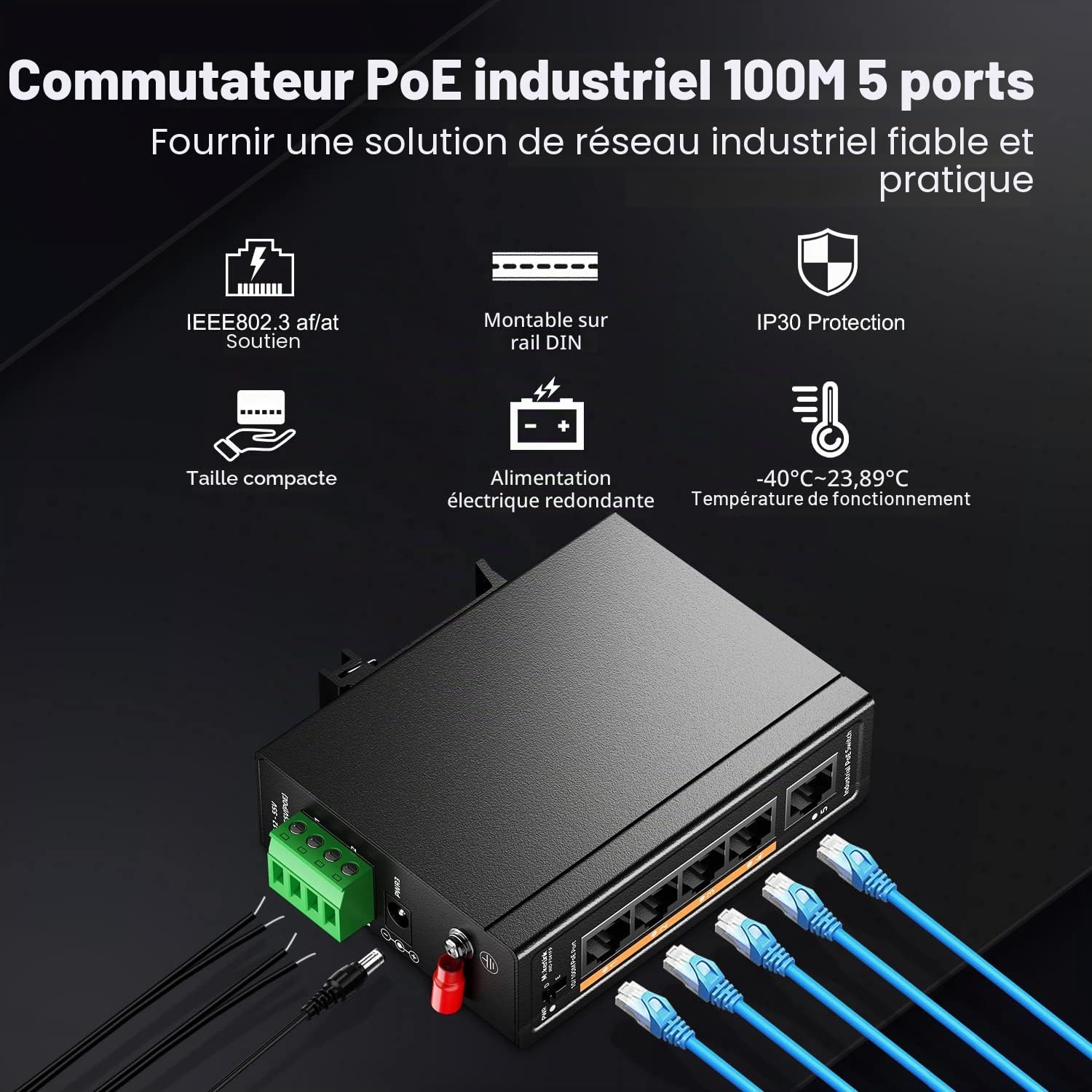 MokerLink Switch Industriel 5 Ports PoE+ sur Rail DIN, 4 Ports PoE+ IEEE802.3af/at, 1 Liaison Montante, Fast Ethernet 10/100 Mbps, Rail DIN et Montage Mural Inclus