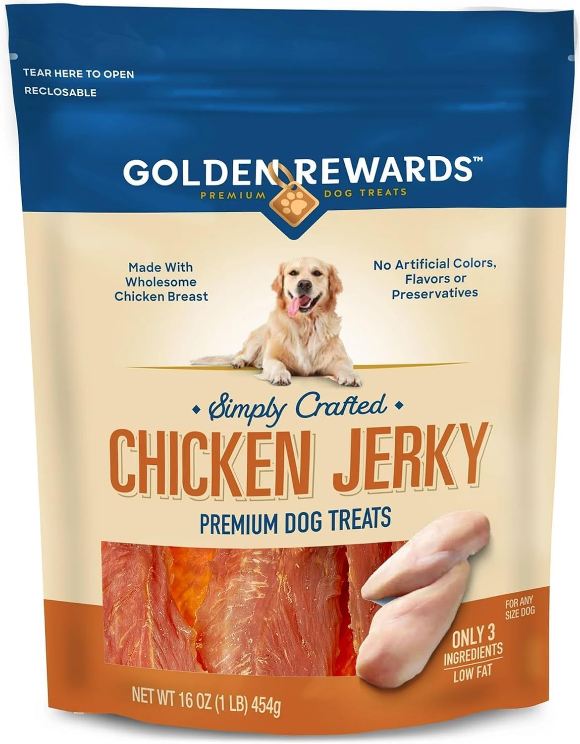 Golden|Rewards Chicken Jerky Dog Treats, 16 oz Bag, Made with Wholesome Chicken Breast, Low Fat, Grain-Free, No Artificial Colors or Preservatives, Premium High-Protein Snack for Dogs