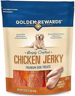 Golden|Rewards Chicken Jerky Dog Treats, 16 oz Bag, Made with Wholesome Chicken Breast, Low Fat, Grain-Free, No Artificial Colors or Preservatives, Premium High-Protein Snack for Dogs