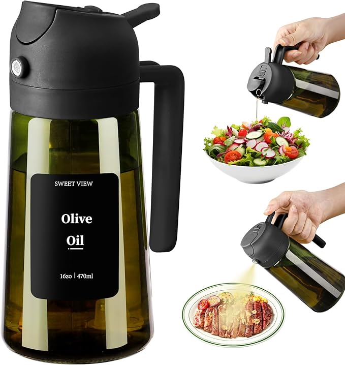 SWEET VIEW Olive Oil Dispenser and Oil Sprayer – 16oz/470ml Glass Light-Proof Oil Pourer for Kitchen, Air Fryer, Cooking, Salad, and BBQ