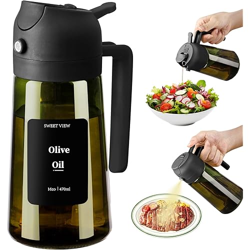 SWEET VIEW - Olive Oil Sprayer for Cooking, 16oz/470ml Glass Light-Proof Oil Pourer for Kitchen with Stickers for Air Fryer, Cooking, Salad, and BBQ with Stickers