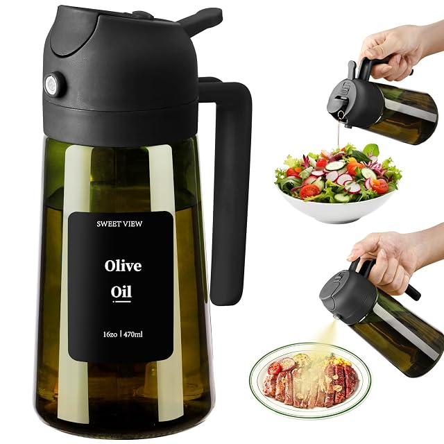 Olive Oil Dispenser and Oil Sprayer 16oz 470ml Glass Light-Proof Oil Pourer for Kitchen Air Fryer Cooking Salad