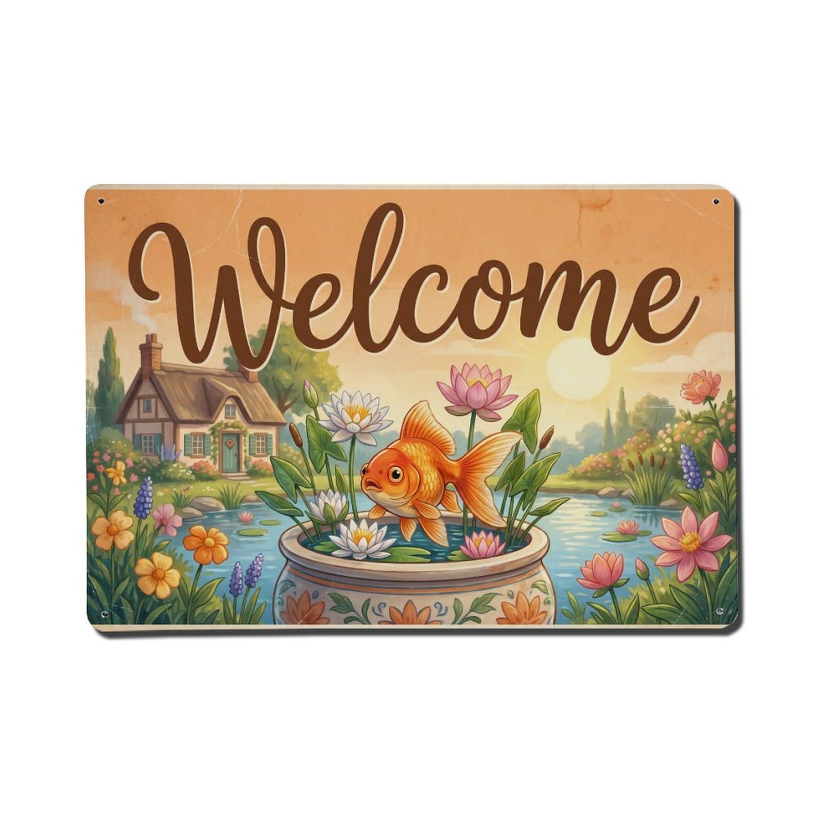 Vintage Welcome Goldfish Warm Wishes Metal Tin Sign