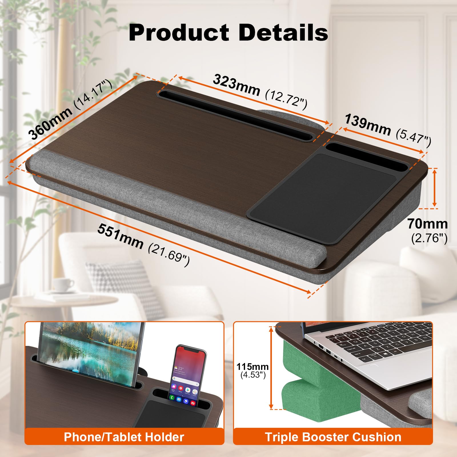 PUTORSEN Biurko na kolana do laptopów do 43.9 cm, przenośne, bardzo duże, z podkładkami dla myszy i nadgarstków