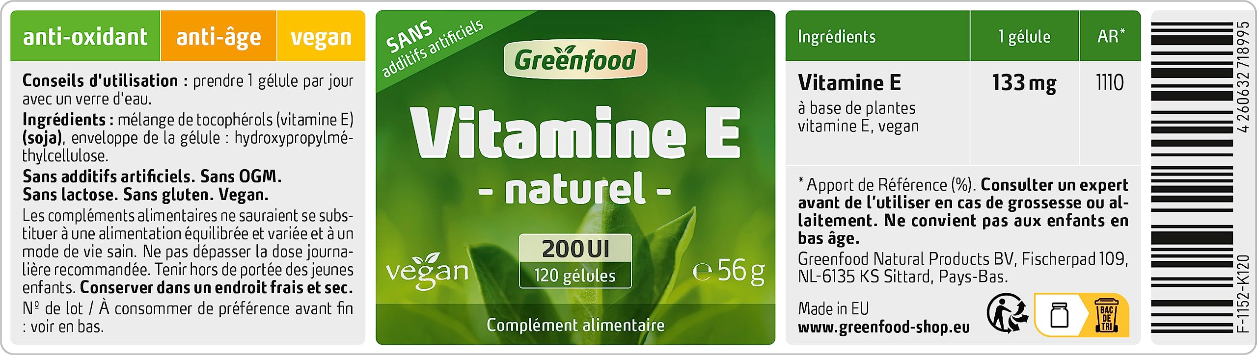 Greenfood Vitamine E, 200 UI, 120 gélules - protéger les cellules contre le stress oxydatif. Sans additifs artificiels. Sans génie génétique. Vegan.