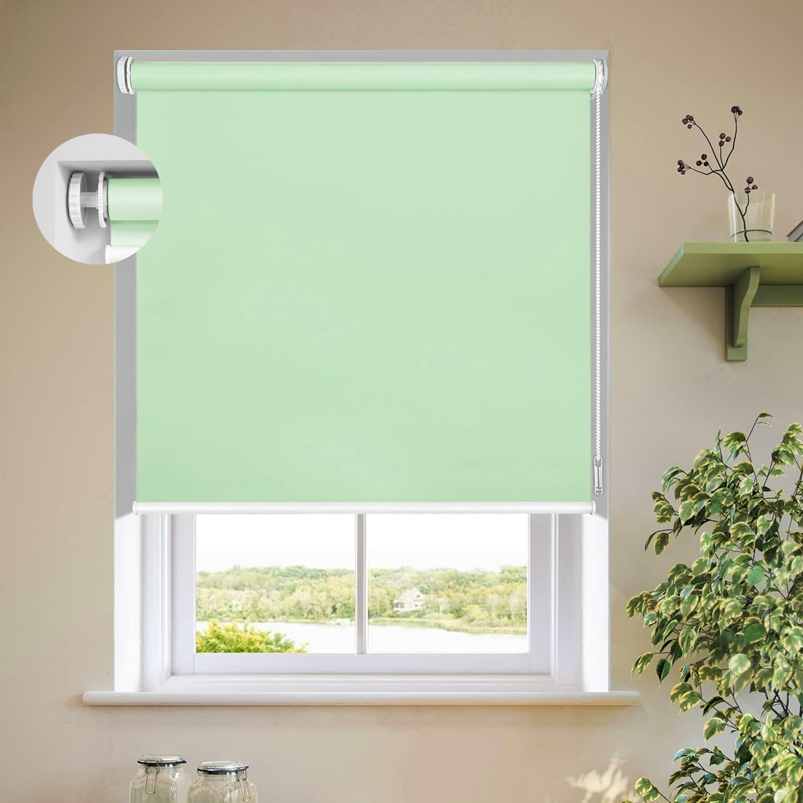 Tenda avvolgibile di alta qualità, 105 x 60 cm, protezione dai raggi UV, isolamento termico, filtraggio della luce, senza fori, ideale per casa, ufficio e camera da letto, tessuto verde tenero