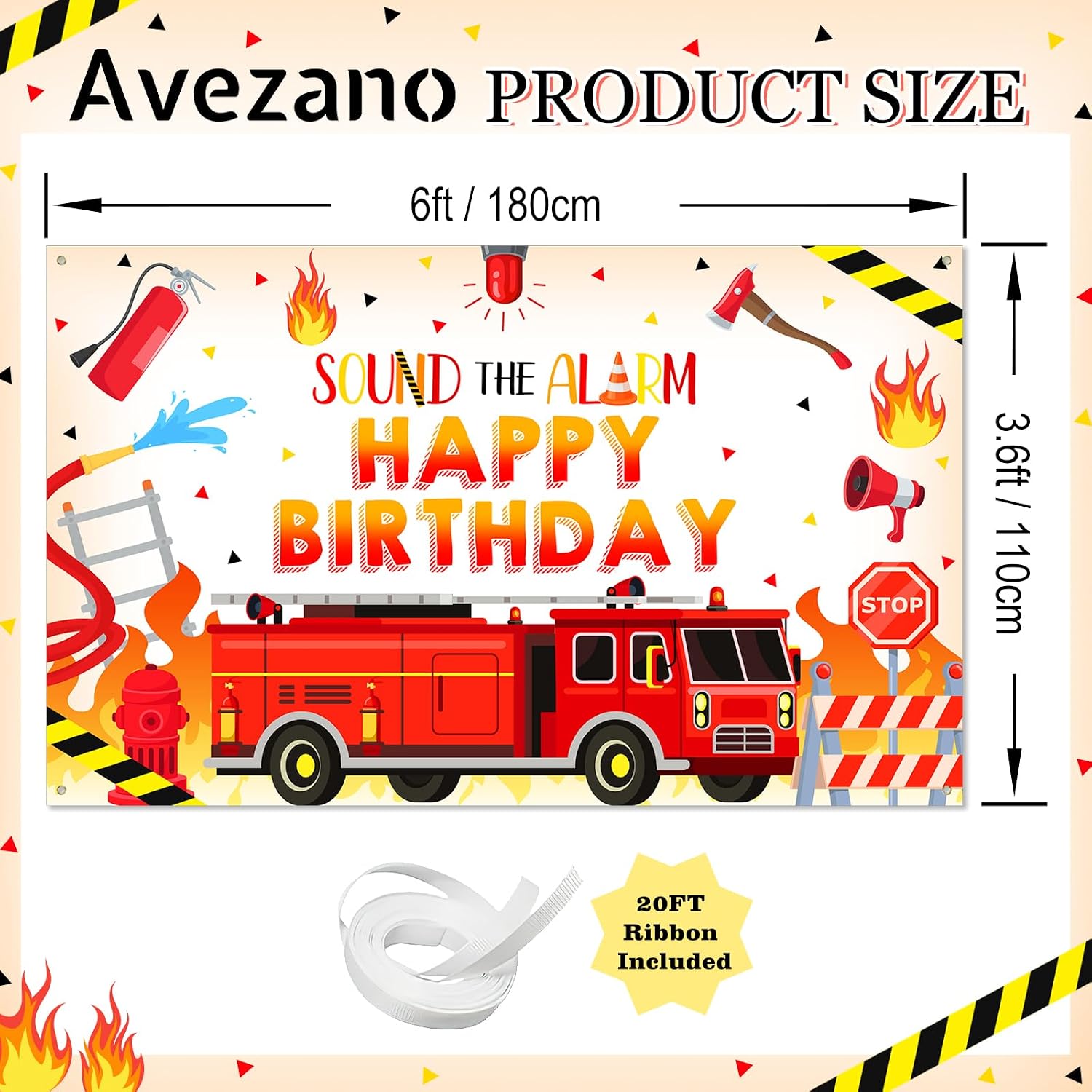 Avezano Firetruck Birthday Party Banner 6 x 3.6 ft Fire Truck Theme Birthday Decorations for Kids Firefighter Red Bday Photo Booth Cake Table Decor