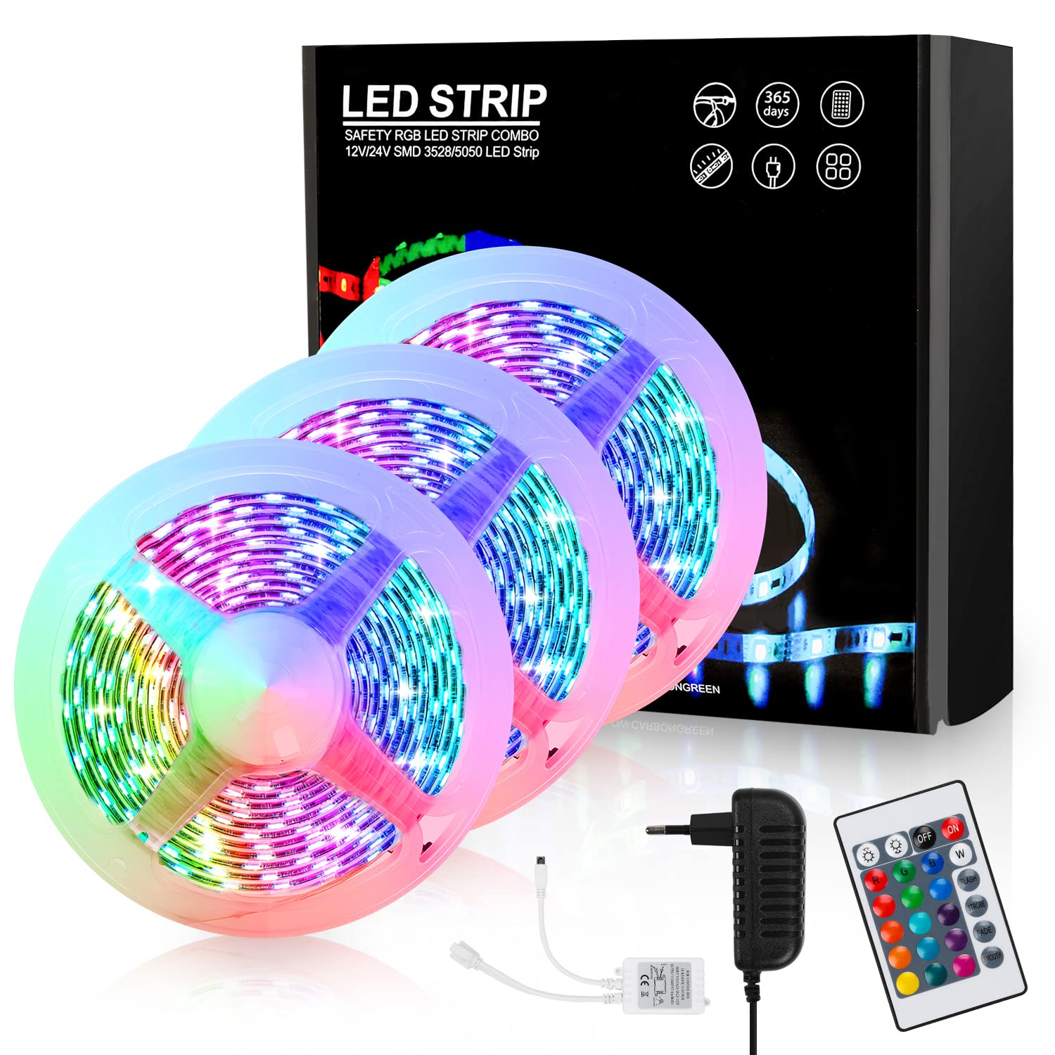 Sonnewelt Juego de tiras LED 30 M RGB, 5050, autoadhesivas, regulable, 12 V, con mando a distancia de 24 teclas, 16 colores, para habitaciones grandes, salón, techo e interior