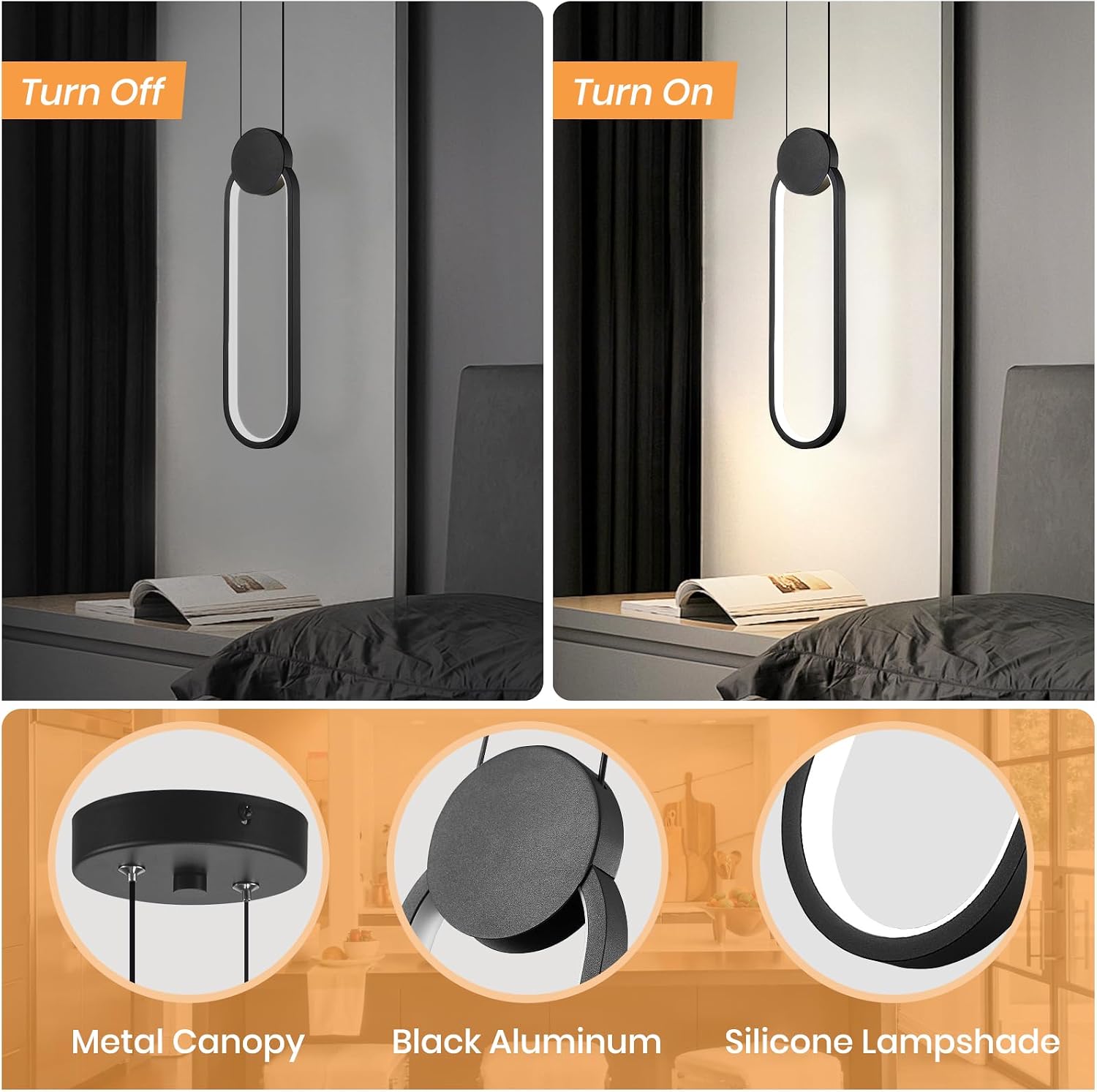 Modern Pendant Lights 2 Pack, Black LED Pendant Light 4000K Bright White Adjustable Height Oval Pendant Light Fixtures for Bedroom Bathroom Kitchen Island