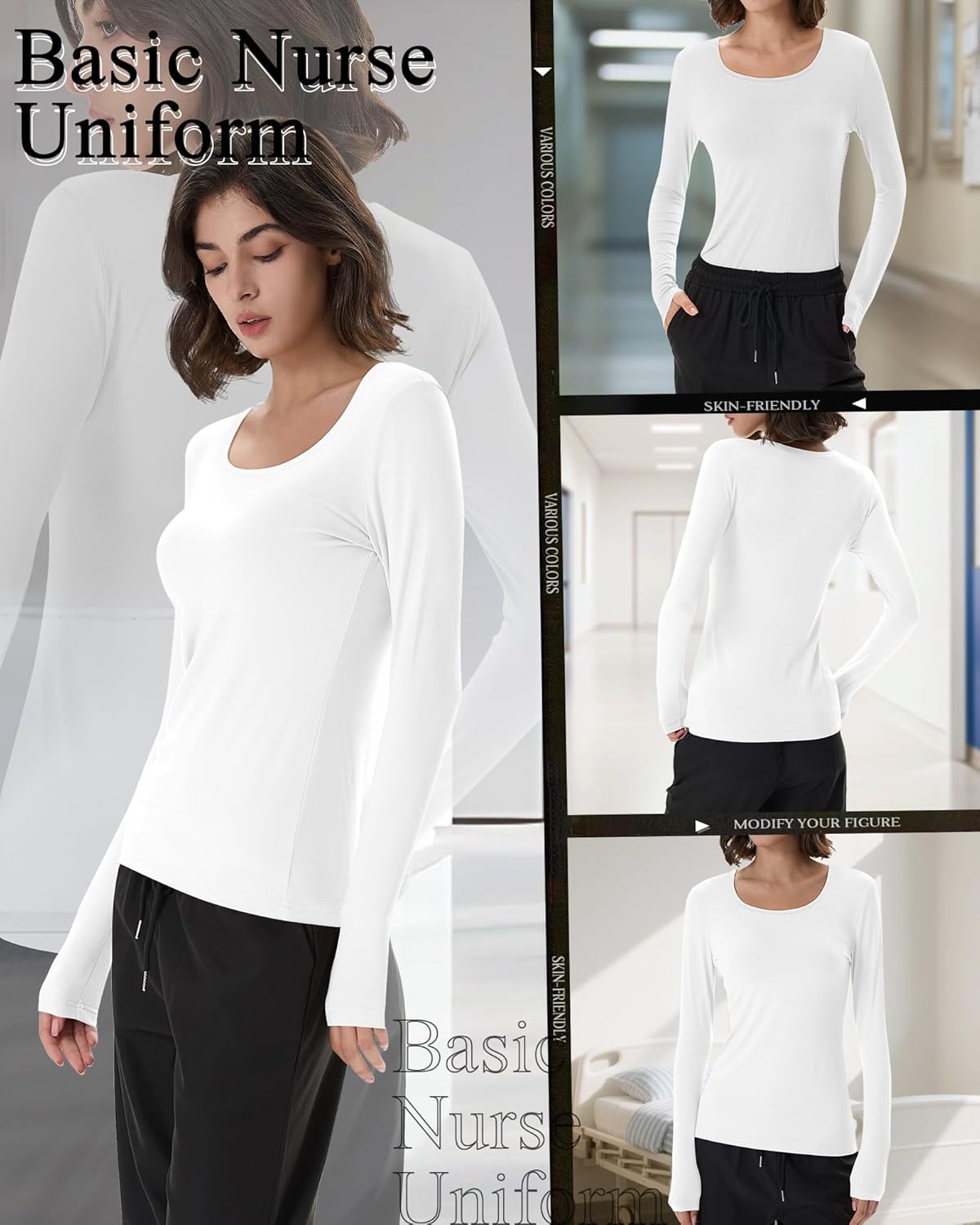 Neer 3 Pack Women's Long Sleeve Underscrub Shirts Scoop Neck Soft Scrub Undershirts for Nurse Basic Stretchy Layering Tops