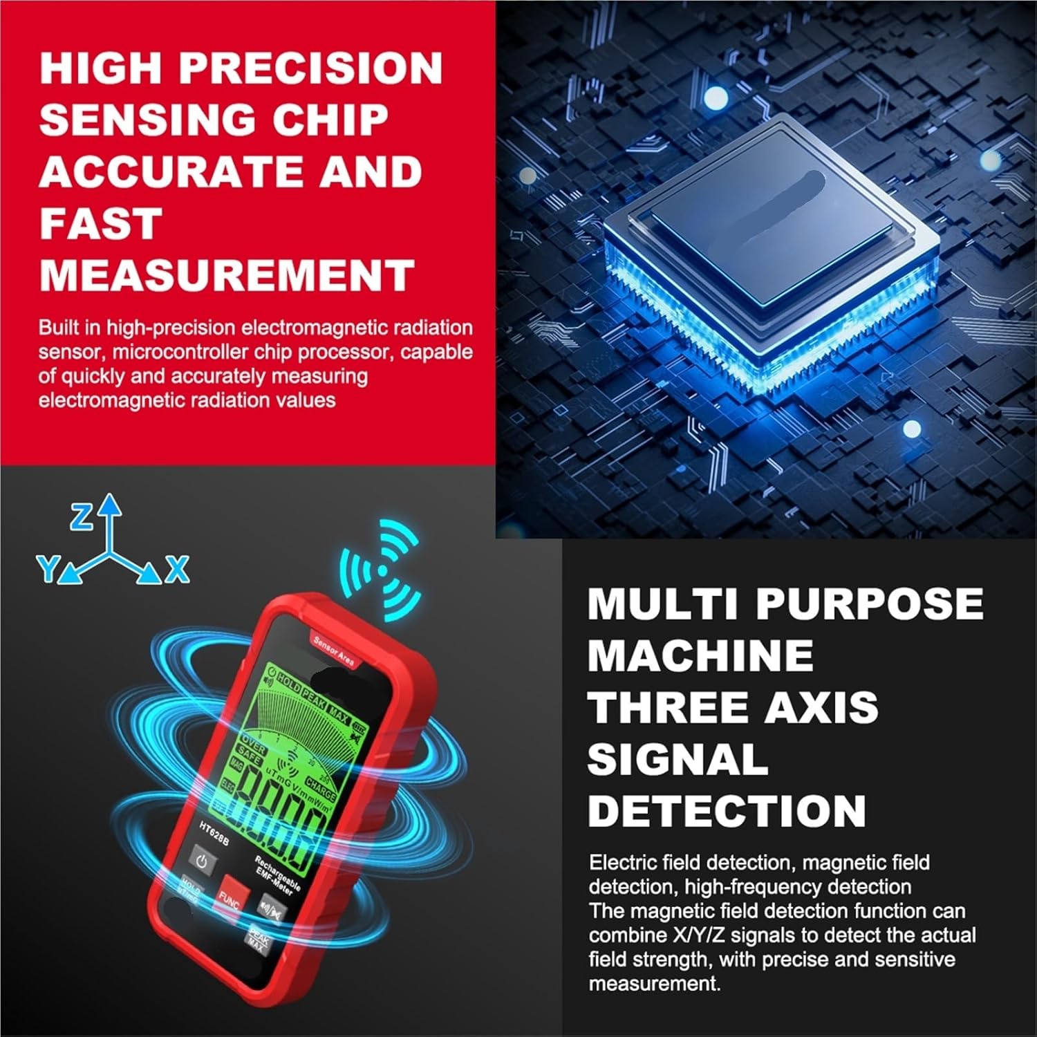 Radiation Detector, HT628 EMF Meter Electric Field Magnetic Tester Radiation Detector for Electromagnetic Frequency Test(HT628B)