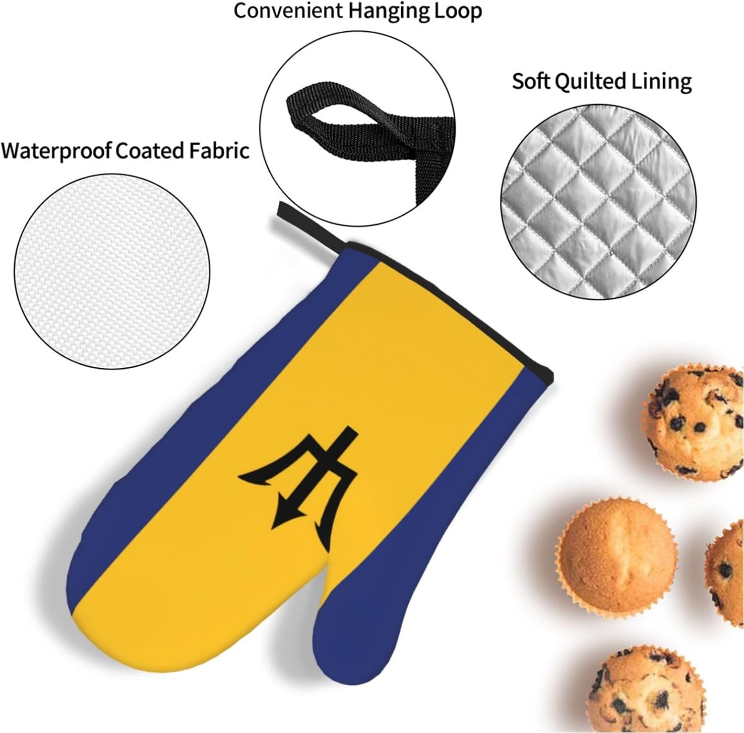 Flag of Barbados Oven gloves and heat-resistant mat 4-piece set. Suitable for grilling, microwave oven frying, and baking