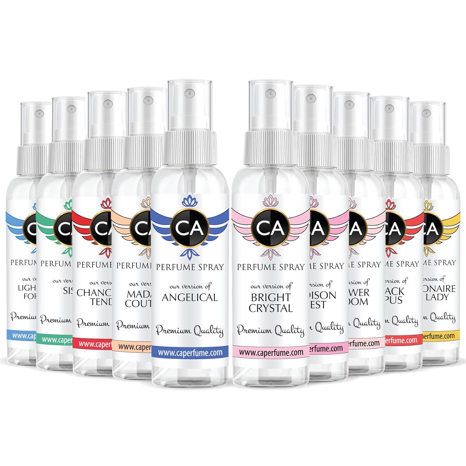 CA Perfume Spray Top 10 For Women (Bright Crystal + Light Blue For Her + SiSi + Chancellor Tendre + Madame Couture + Angel + Millionaire for Lady+ Madison Crest + Flowerbloom + Black Opus)