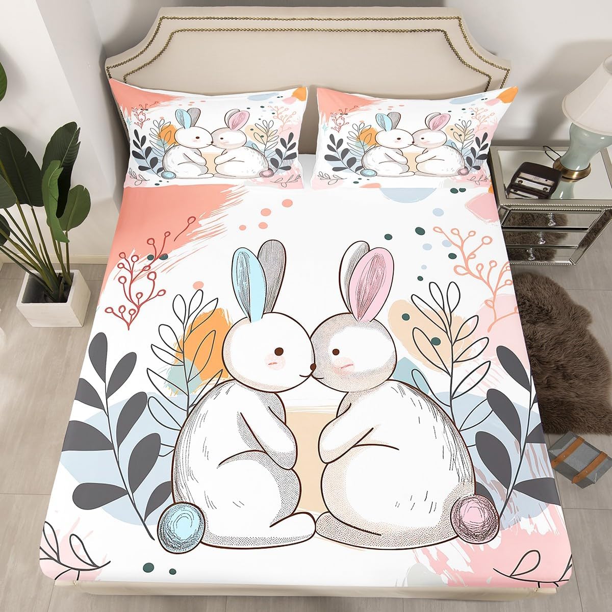 Cute Rabbit Fitted Sheet Full Size Kawaii Cartoon Bunny Bedding for Boys Girls Kids Lovely Animal Easter Rabbit Fitted Bed Sheets Spring Flowers Decorations Bedding 3 Pcs Pink Green