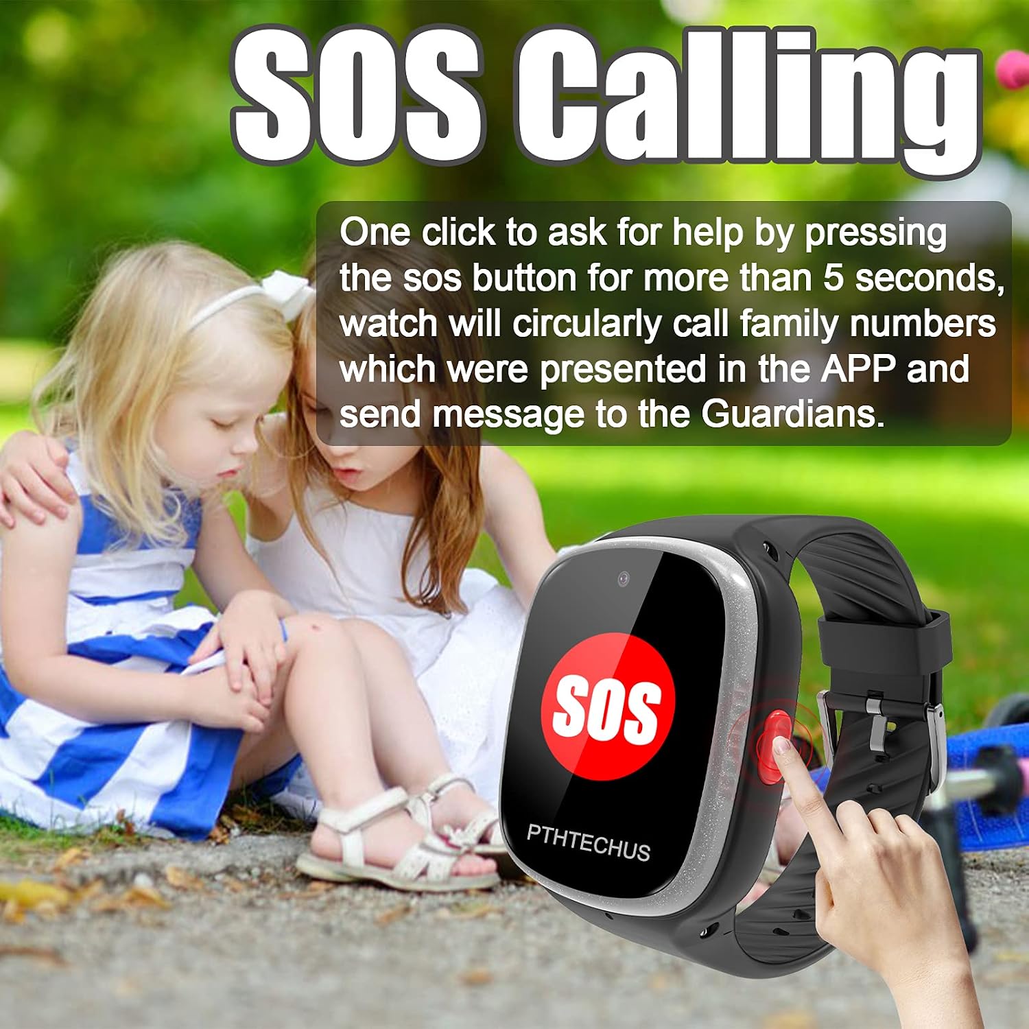 Image of two children with a smartwatch showing an SOS button being pressed.